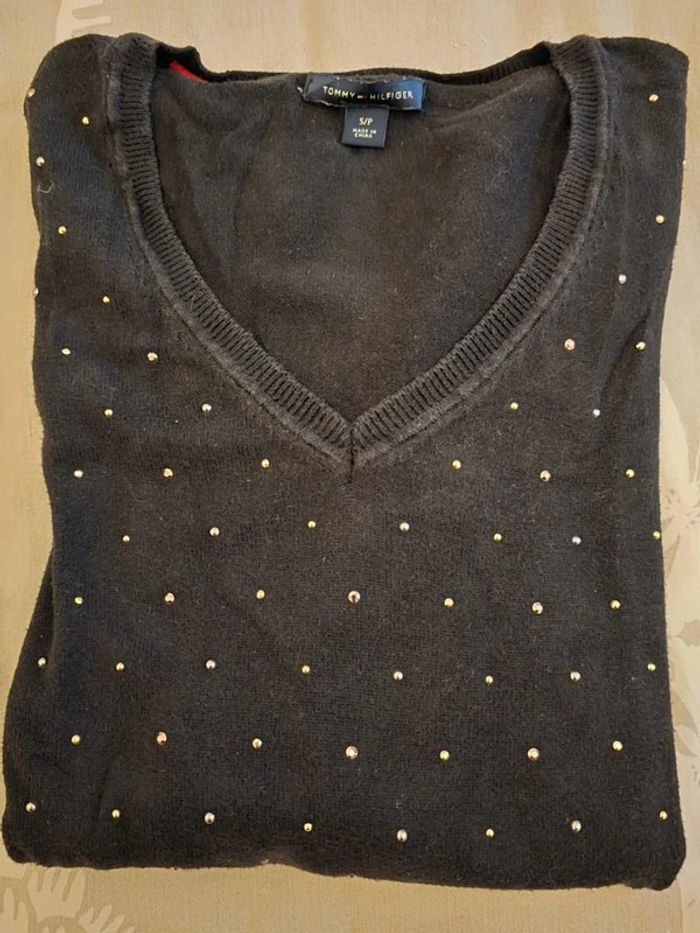🌟 Pull noir a point doré col V motif Tommy hilfiger femme - Taille  S 🌟