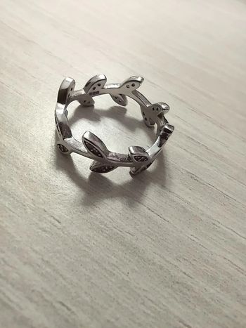 Bague anneau contour feuille en argent et pierres zircons