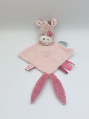 Doudou plat Jade la licorne rose beige NATTOU coeur argent arbre attache tétine