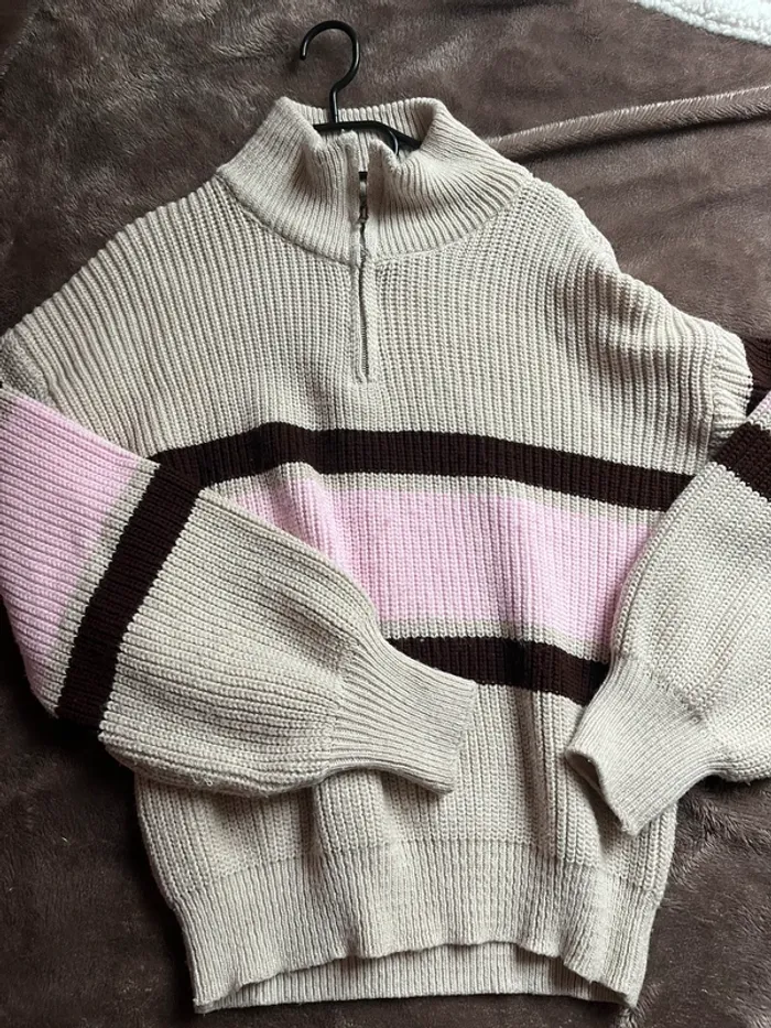 Pull col camionneur rayé tricolore beige - photo numéro 4
