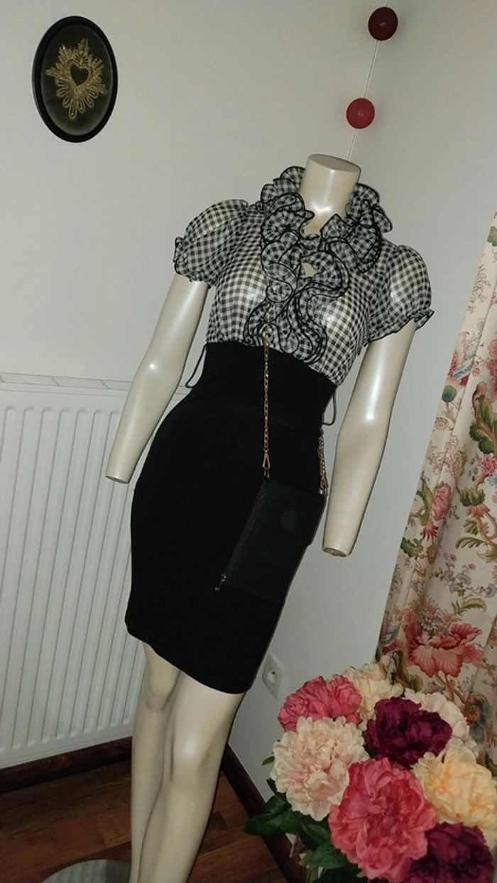 Robe rétro chic bimatiere vichy noir et blanc col jabot by Morgan état neuf taille S