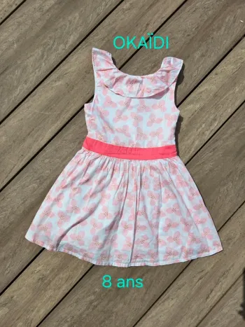 Robe Okaidi 8 ans rose blanc 100% coton
