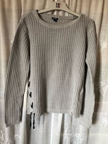 Pull tricot côtes gris lacet noir 12 ans Kiabi