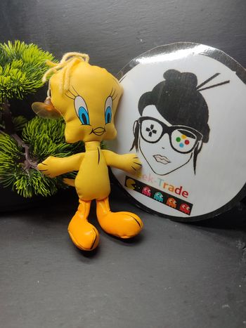 peluche titi oiseau jaune orange ventouse cuire plastifié laine bleu ancien 