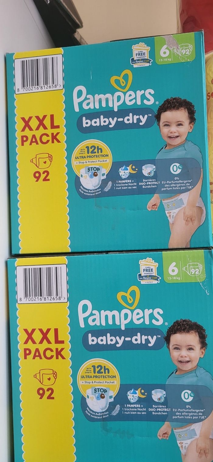 lots 2 cartons pampers baby-dry taille 6 (92+92)