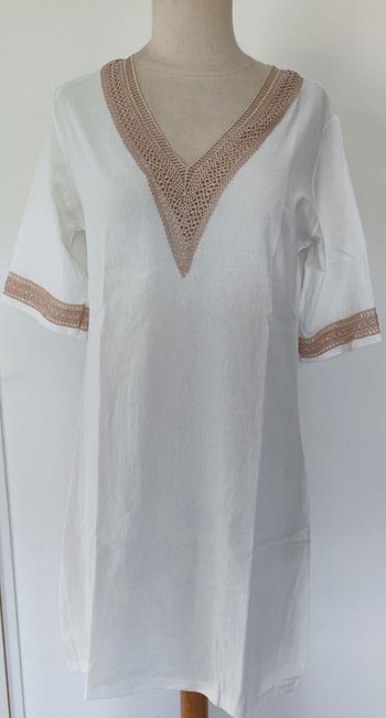 Robe à manches 3/4 et col en V avec bordure contrastée pour femme taille L couleur blanc beige