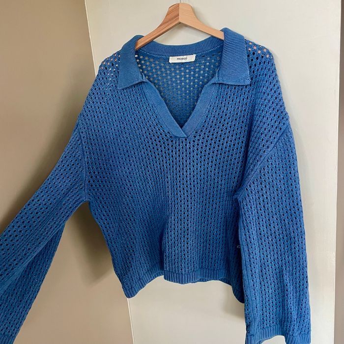 Pull ajouré bleu col polo Promod taille XL coton mélangé maille légère V061 - photo numéro 2