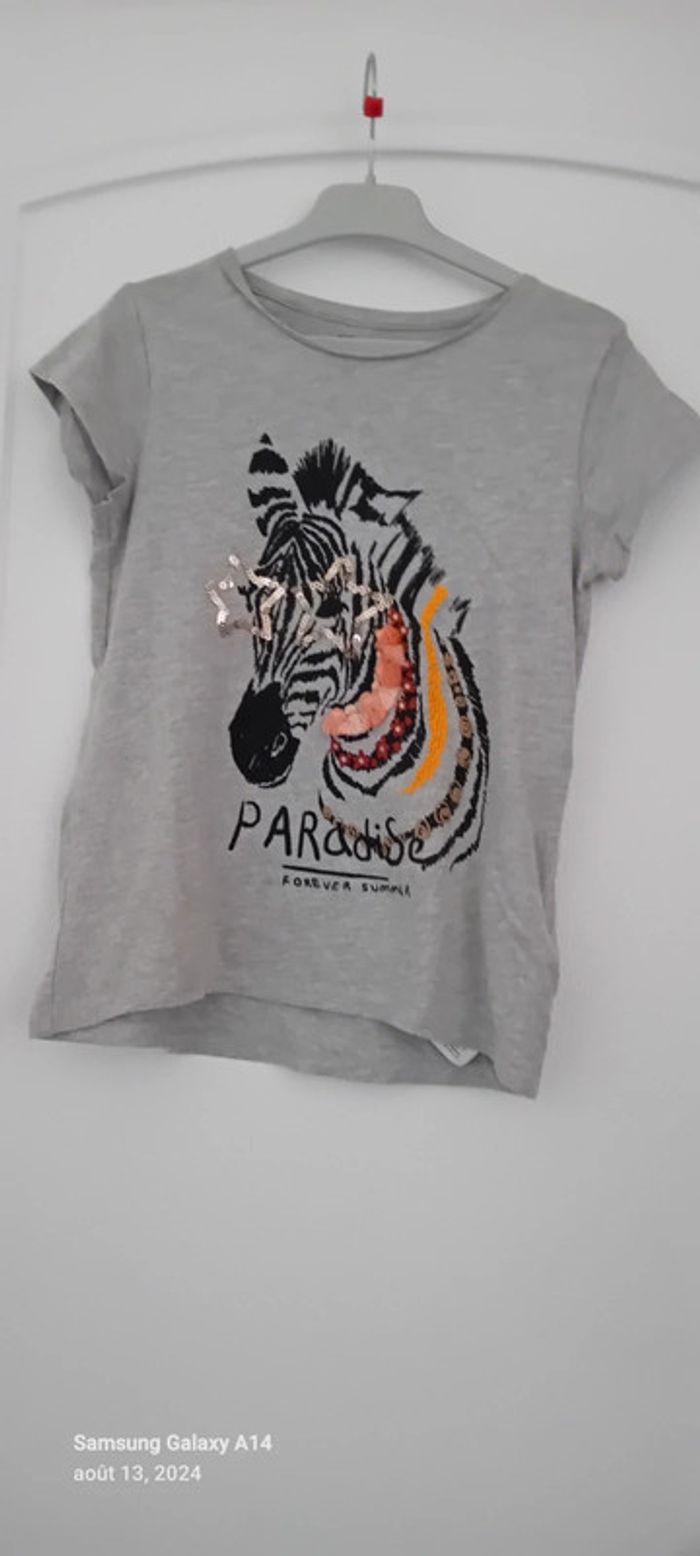 Tee shirt motif zèbre avec sequins et pampilles gris fille 10 ans vert baudet - photo numéro 2