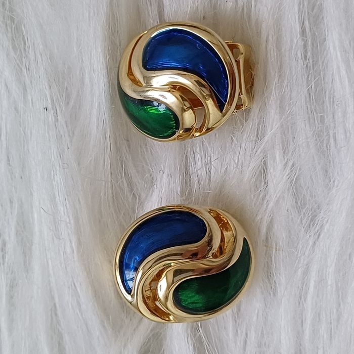 Demi parure vintage métal doré et émaillé bleu et vert - photo numéro 4