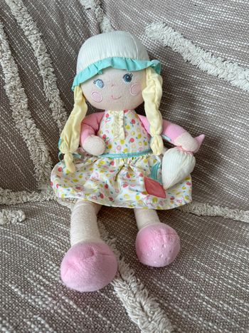 Peluche doudou 40cm Corolle poupée fille à tresses jaune rose beige bleu très bon état