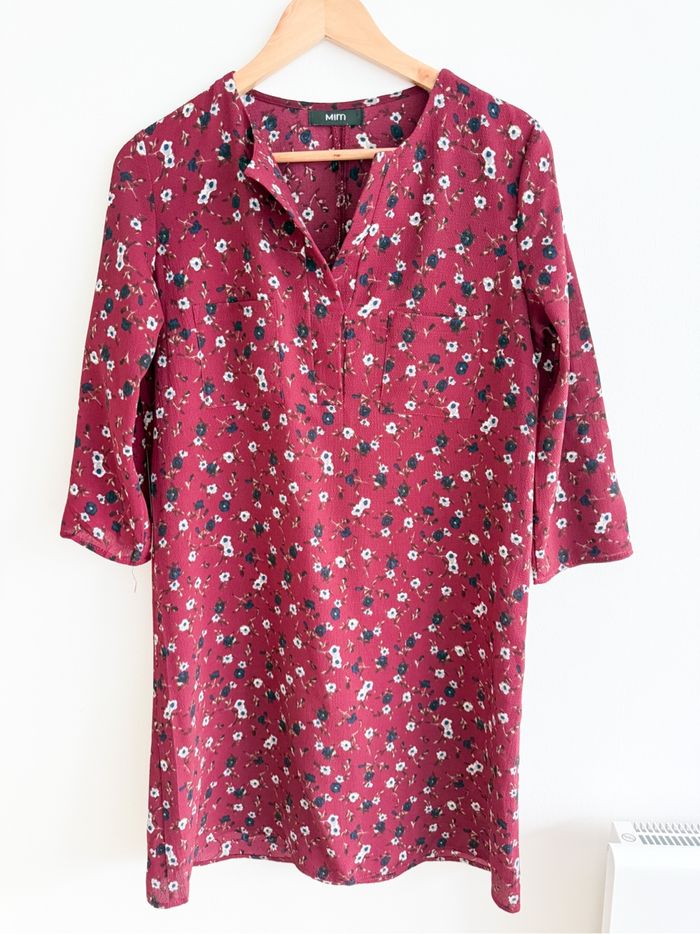 Robe droite manches 3/4 Bordeaux à motifs fleuri mim taille 38 M