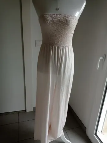 Combinaison pantalon bustier blanc cassé et rose pâle imprimé fantaisie feuilles T.M/L Cupshe