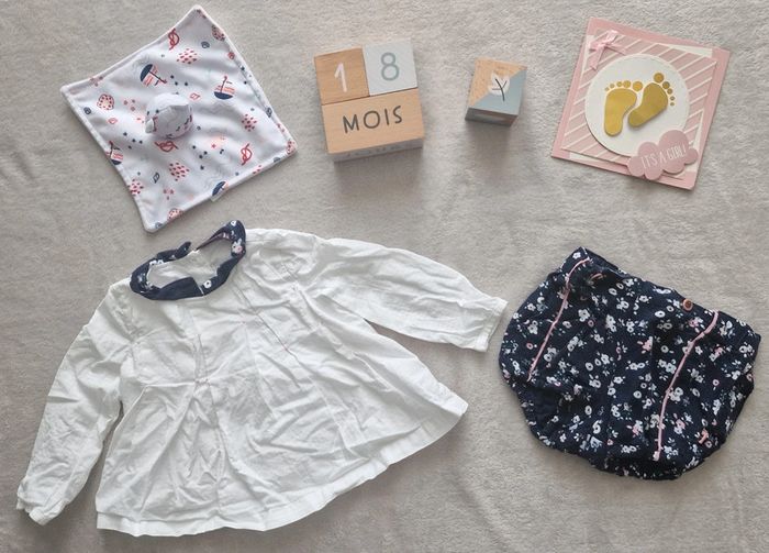 Ensemble Blouse ML légère blanche & short marine à fleurs - 18M - Sergent Major (BE avec defauts))