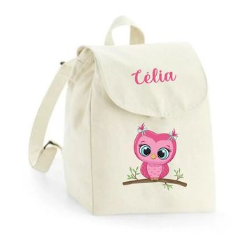 Sac à dos enfant personnalisé prénom - Motif chouette rose rigolote - Sac crèche ou maternelle coton bio - Rentrée fille