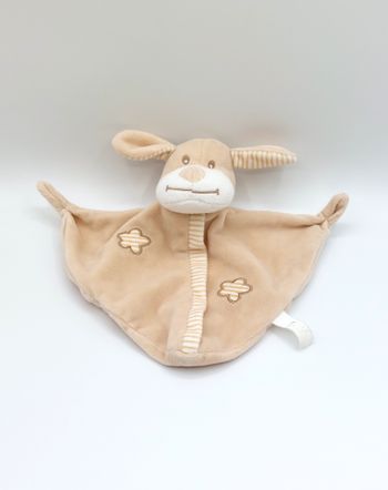 Doudou plat chien beige marron CREDIT AGRICOLE CA triangle fleurs rayures