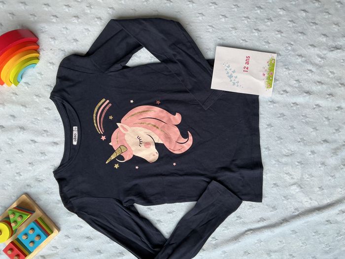 teeshirt manches longues marine dessin licorne rose devant 12 ans gémo - photo numéro 2