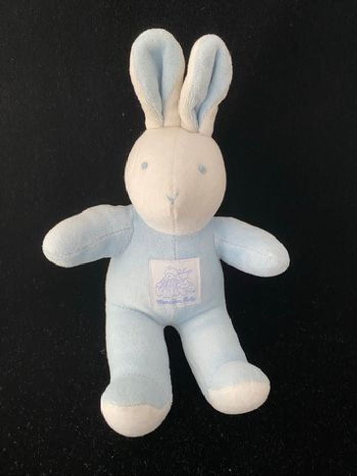 B5910❤️Peluche doudou lapin moulin roty bleu blanc grelot