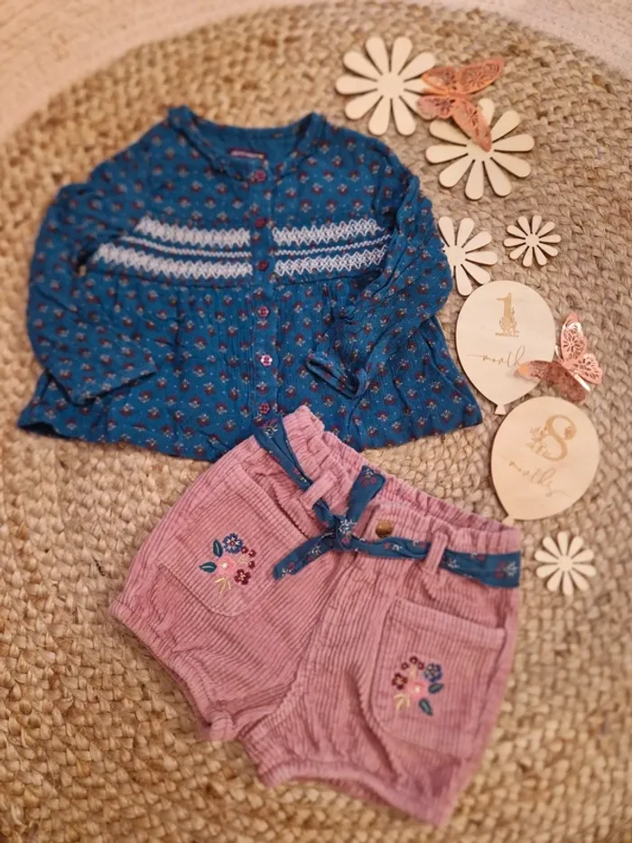 Ensemble blouse bleu et short rose en velours sergent major 18 mois bébé fille