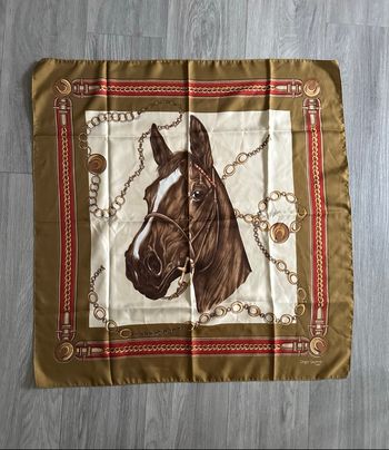 Foulard étole équitation cheval kaki marron beige crème Vintage 80x80cm