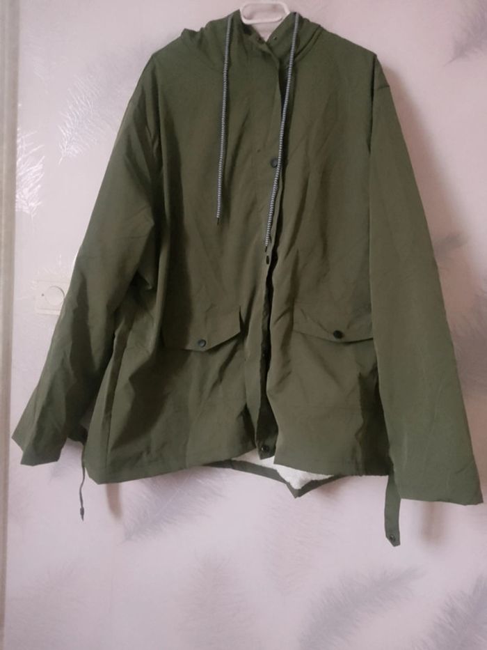 Manteau de pluie/ veste imperméable doublée en polaire à capuche vert kaki taille 4XL