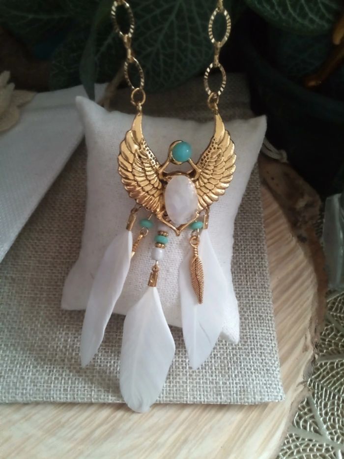 Collier sautoir scarabée pierres de lune et amazonite - photo numéro 2