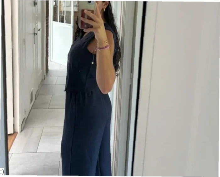Ensemble bleu 2 pièces pantalon & gilet sans manches - taille M - photo numéro 2