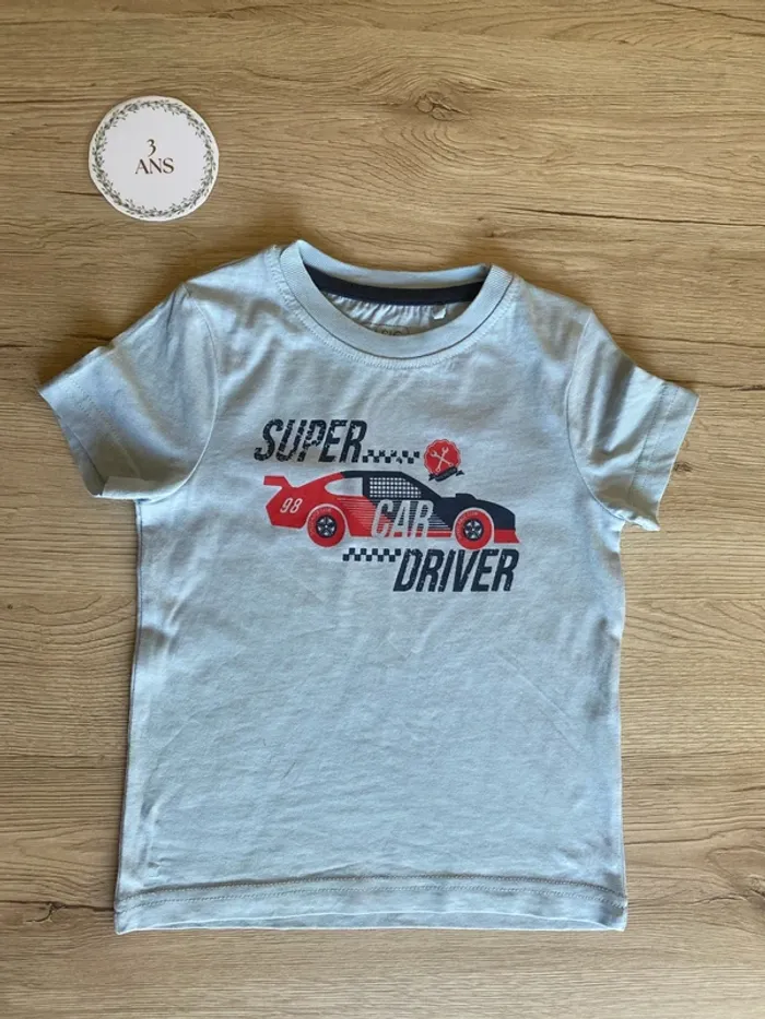 Tee-shirt manche courte bleu clair imprimer voiture 3 ans Basic NPO