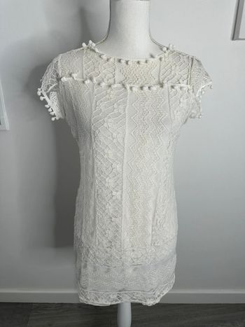 Petite robe blanche dentelle et pompons Vintage T36 S