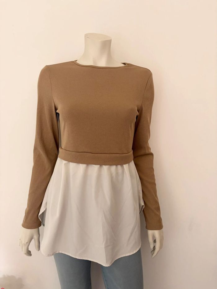 🌺T-shirt/ Blouse marron et blanc manche longue style 2 en 1 Taille L/40🌺