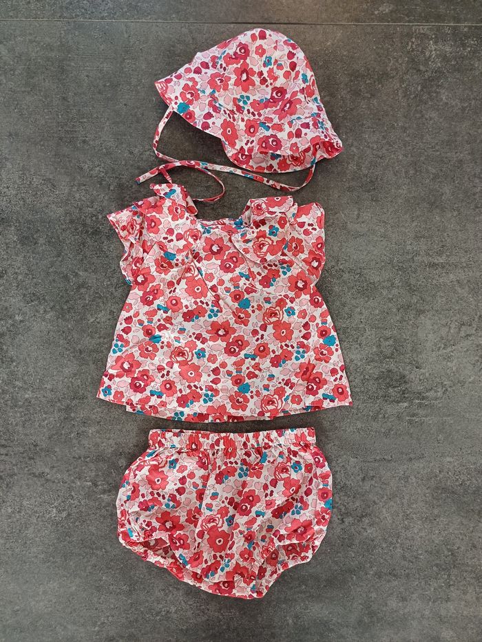 Ensemble liberty fille jacadi 3 mois blouse/bloomer/chapeau