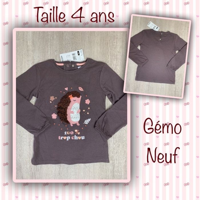 T-shirt ML motif hérisson a relief - taille 4 ans - neuf