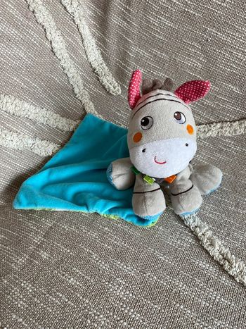 Peluche doudou mouchoir 22cm Nicotoy zèbre cheval gris bleu vert très bon état