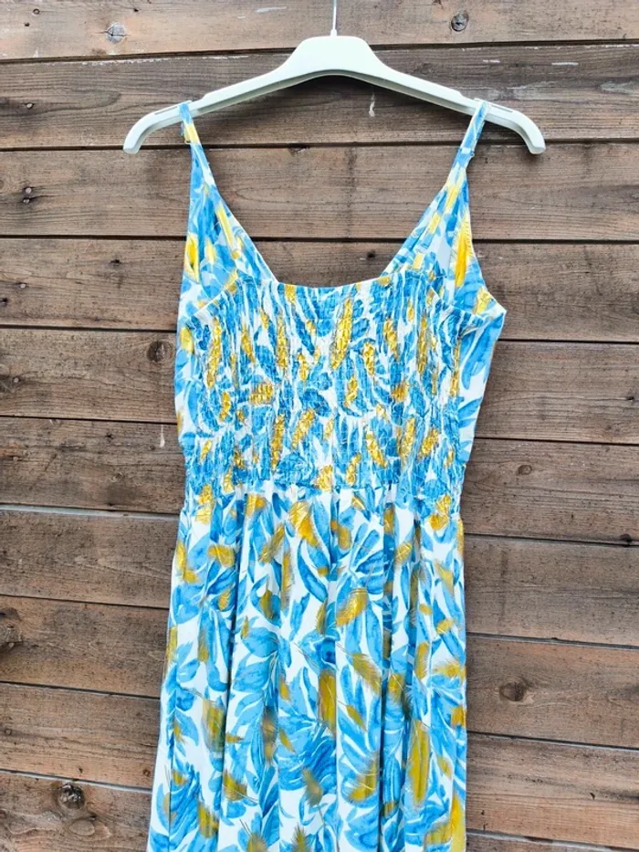 Robe longue imprimée bleue et feuilles dorées été taille 40/42 - photo numéro 10