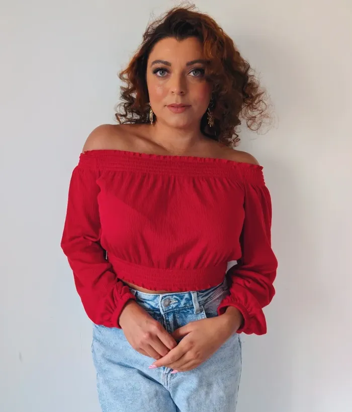 Blouse rouge épaules nues élastique bohème chic H&M Taille 34 - photo numéro 5