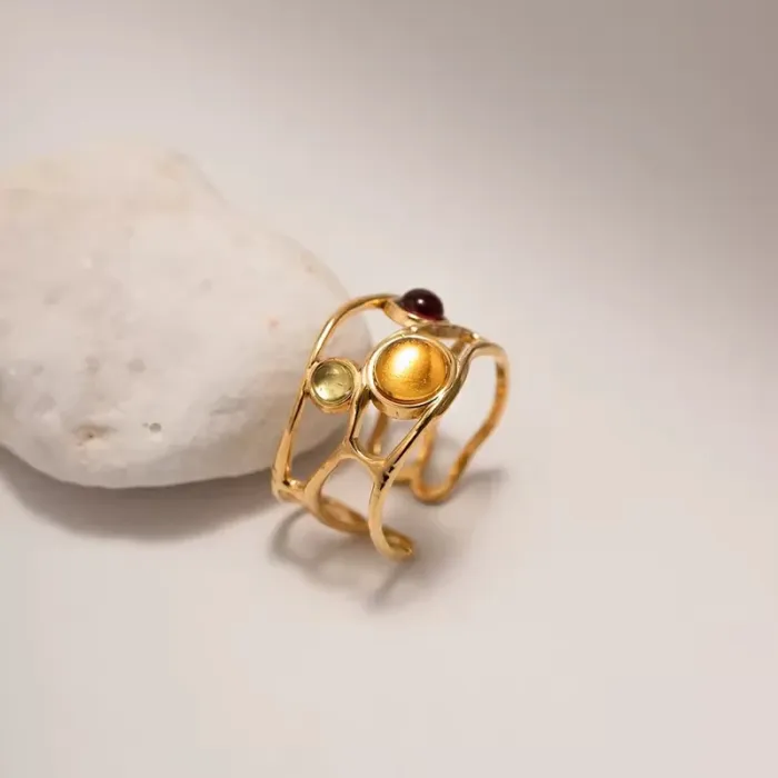 Bague dorée en acier inoxydable, colorés, ajustable - photo numéro 4