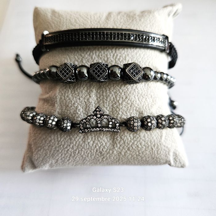 🖤 Bracelet n°1 : Noir & Argenté avec Couronne - Design masculin/féminin chic