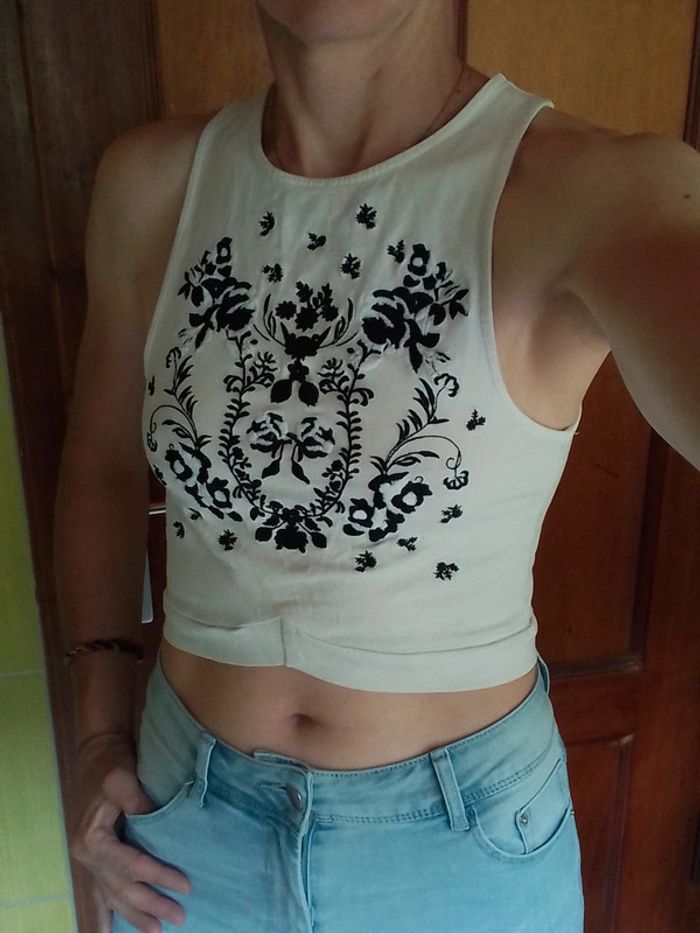 Débardeur femme croq top blanc motif fleurs noires - photo numéro 2
