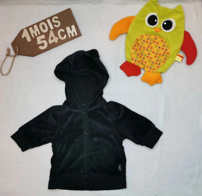 Veste 👣 sweat noire velours et tissu à capuche Kitchoun 1mois/54cm - photo numéro 2