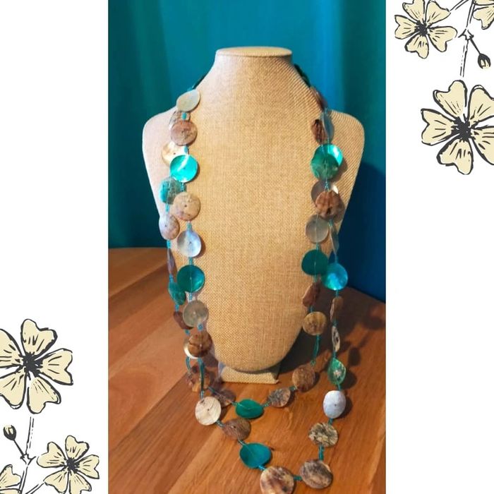 Parure collier long & boucles en nacre bleu et marron – style bohème - photo numéro 12