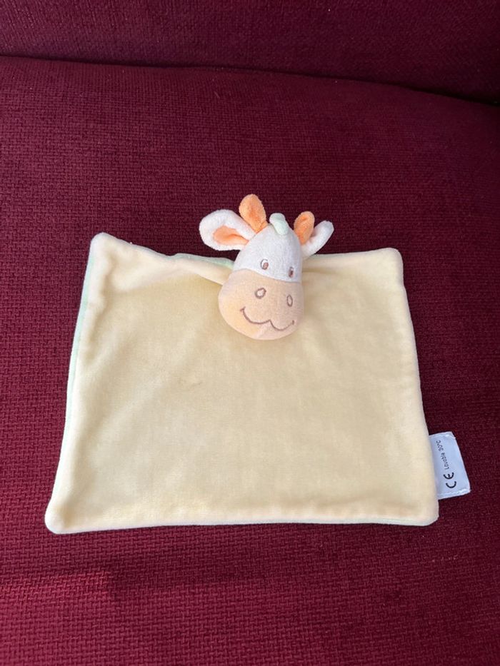 Doudou, plat, velours, carré, vache, tête, peluche, orange jaune vert