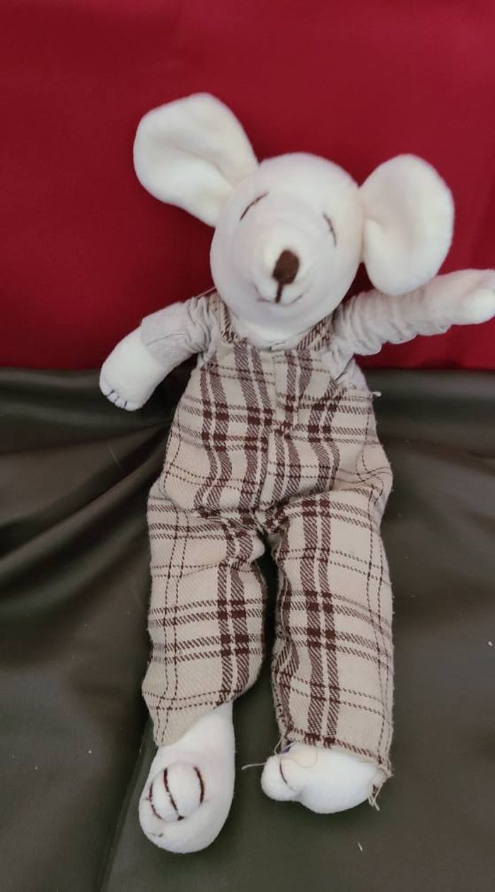 SOURIS JARDIN D ULYSSE DOUDOU PELUCHE BLANC HABILLé 25 CMS + OREILLES DE 4 CMS