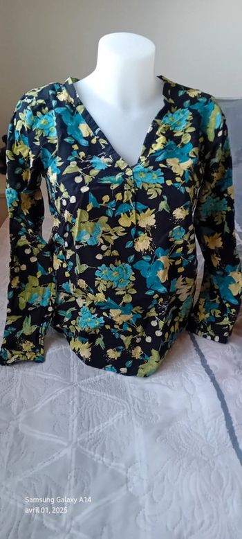 Blouse en viscose motif oiseaux et fleurs noir vert femme S tex