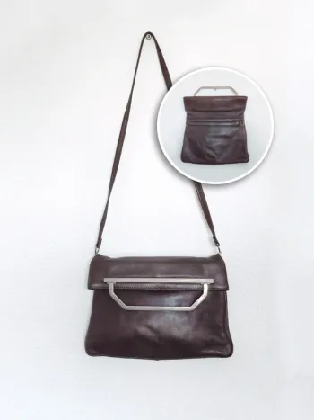 Pochette bandoulière détachable cuir marron anse argent 70-80 vintage - 27×24cm