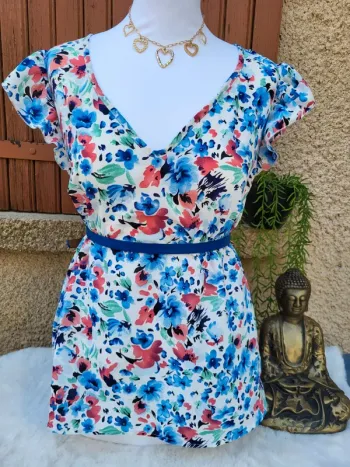 Blouse fleuri fluide blanc bleu rose shein taille 46