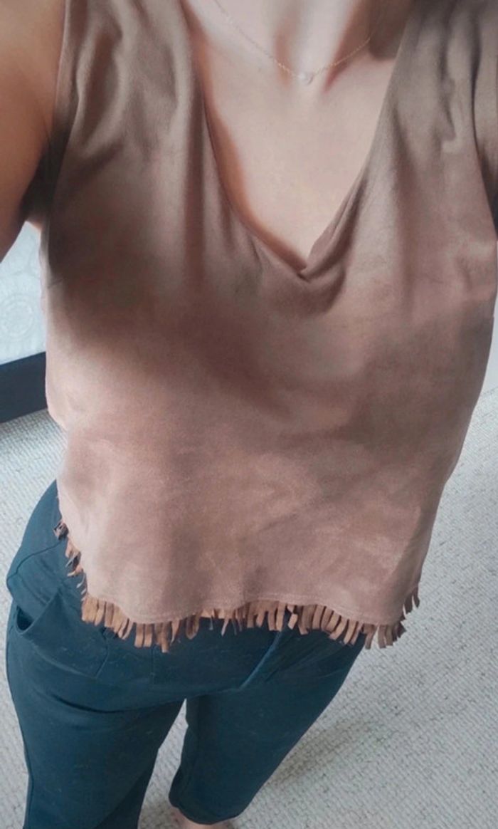 Débardeur Top en daim à franges marron neuf Esperance Paris croc top indien Pocahontas - photo numéro 3