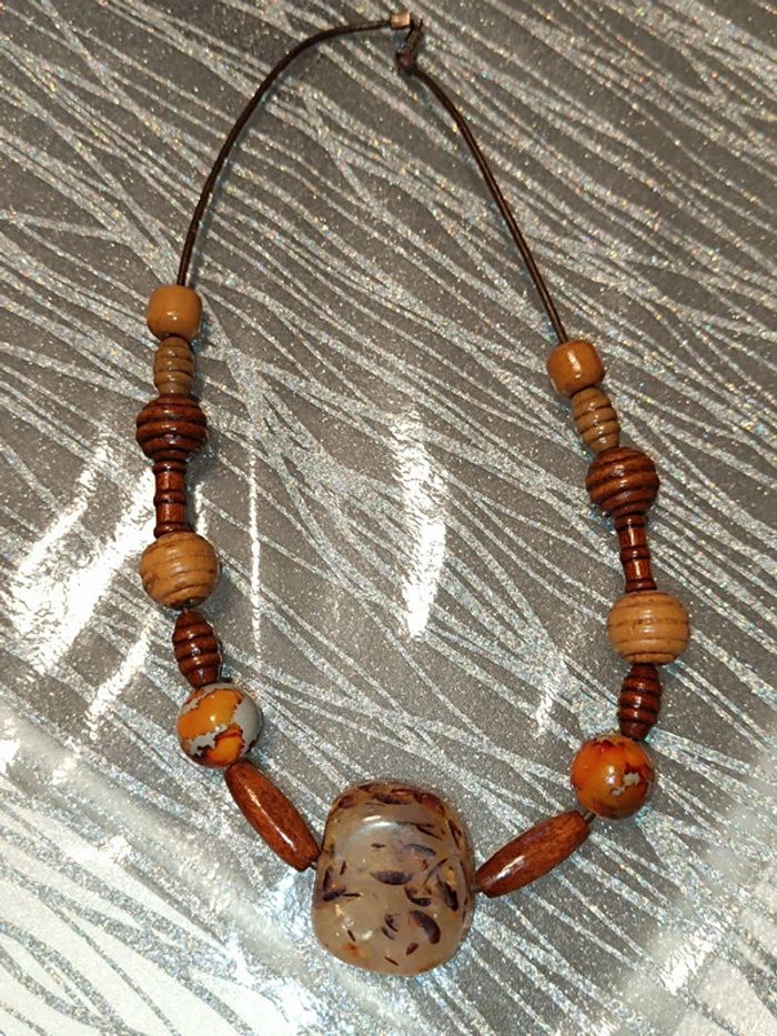 Collier vintage Ethnique-Perle en bois ancienne