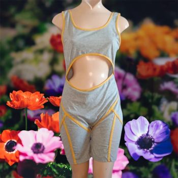 Combinaison short ouvert au ventre transparence aux cuisses - Gris/Jaune - Shein -Taille L