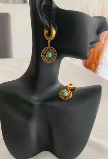 Boucles d’oreilles créoles et soleil bleu turquoise en acier inoxydable doré