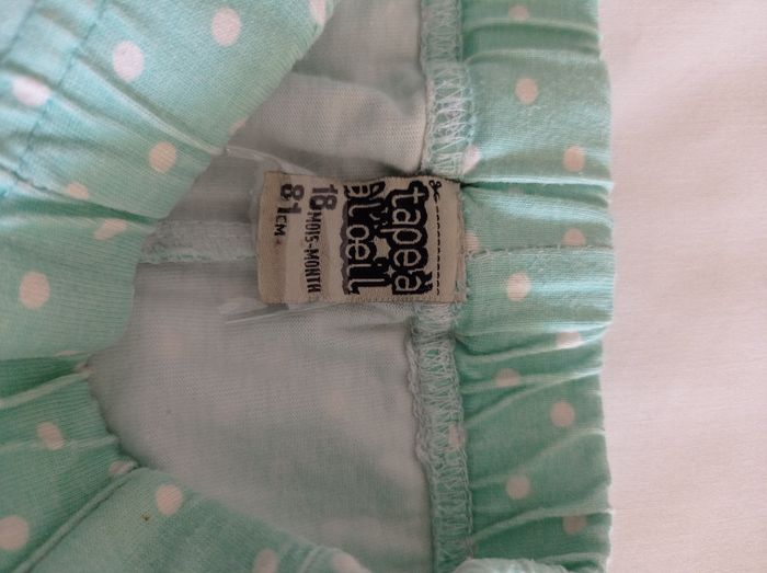 Caleçon ou pantalon couleur vert clair avec petits pois blanc dentelle en bas des jambes marque tape à l'oeil taille 18 mois 81cm taille élastique voir photos - photo numéro 4