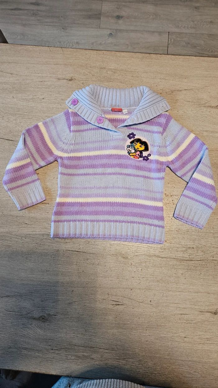 Pull fille à col montant mauve ligné blanc, bleu, manches longues, Dora, 5 ans - photo numéro 2